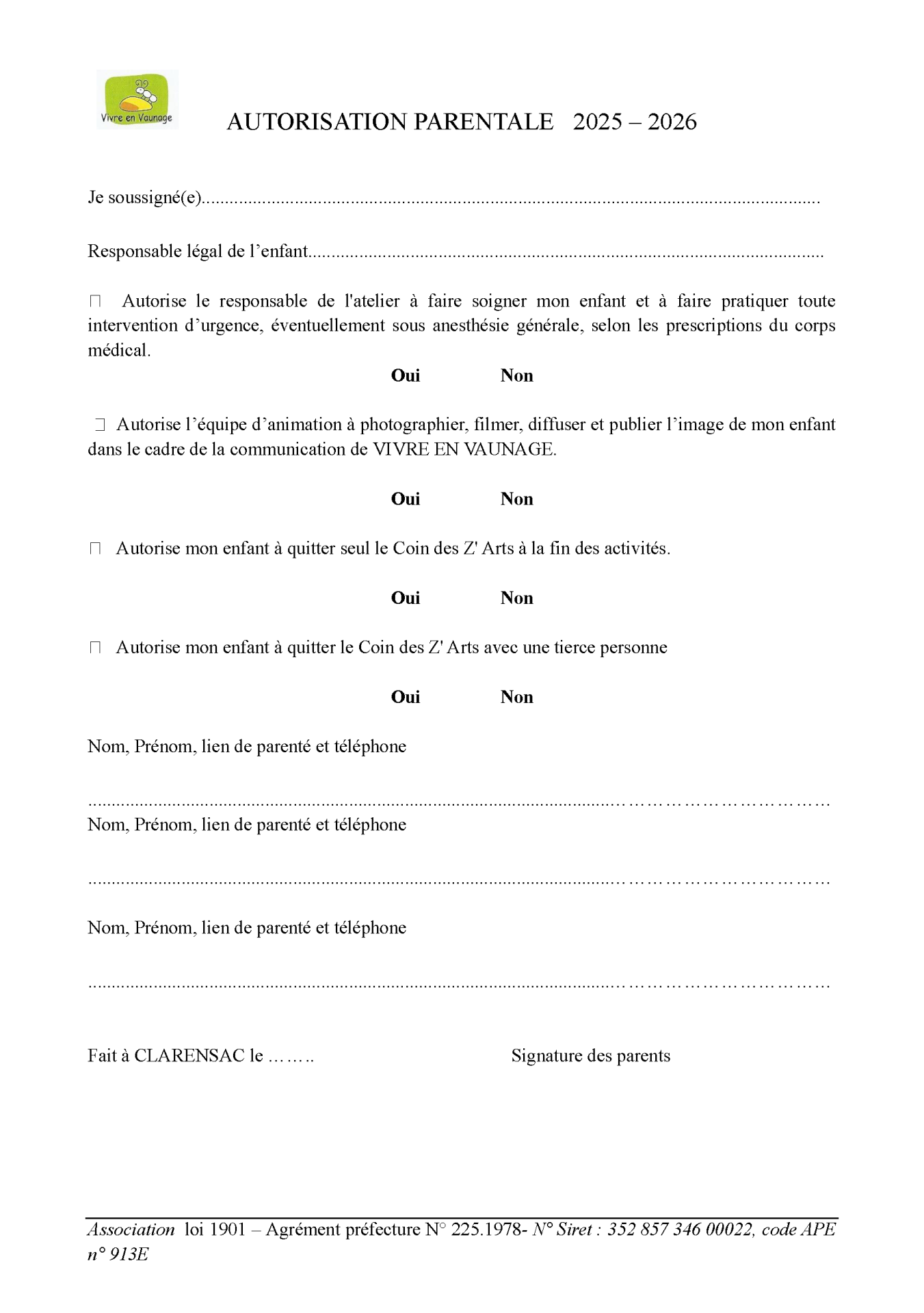 2025 2026 autorisation parentale