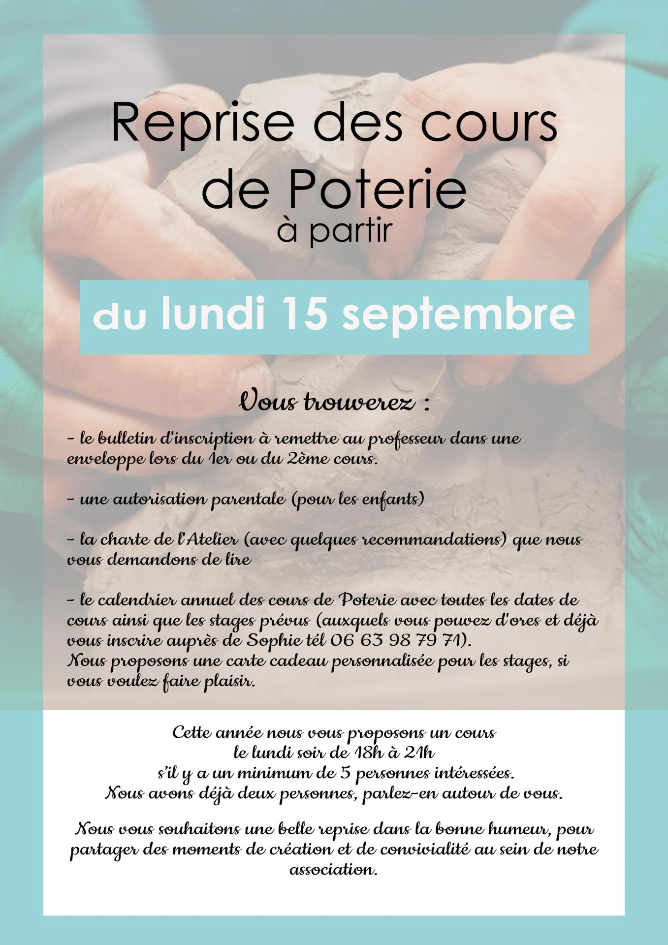 Reprise des cours poterie Clarensac