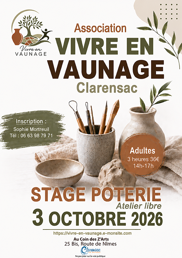 Stage poterie clarensac octobre 2026